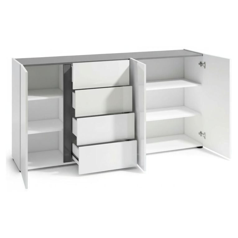 Credenza bianco lucida e antracite 180x38x92h cm 3 ante e 4 cassetti - Baveno