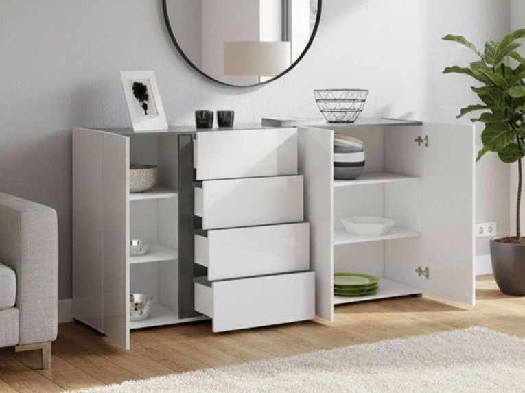 Credenza bianco lucida e antracite 180x38x92h cm 3 ante e 4 cassetti - Baveno