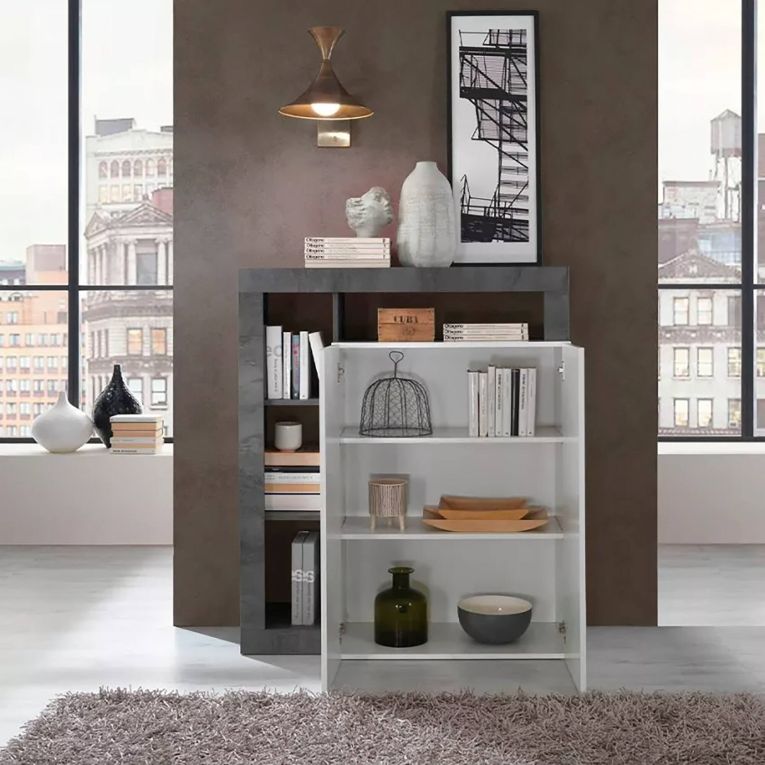 Credenza bianco lucida e ardesia 108x42x127h cm 2 ante - Smeraldo