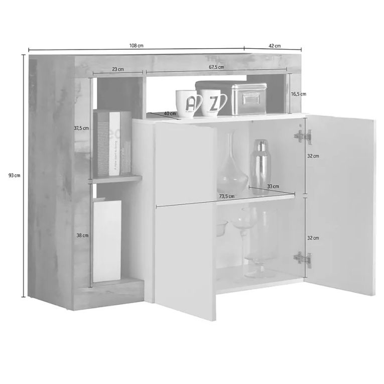 Credenza bianco lucida e ardesia 108x42x93h cm 2 ante - Atlantica