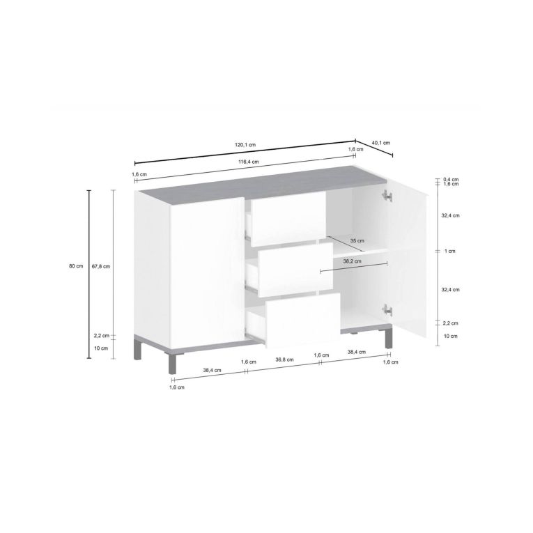 Credenza bianco lucida e ardesia 120x40x80h cm 2 ante e 3 cassetti - Jessie