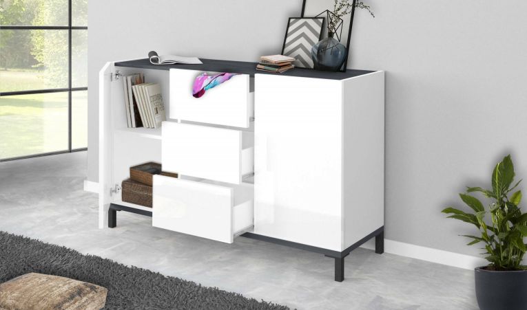 Credenza bianco lucida e ardesia 120x40x80h cm 2 ante e 3 cassetti - Jessie