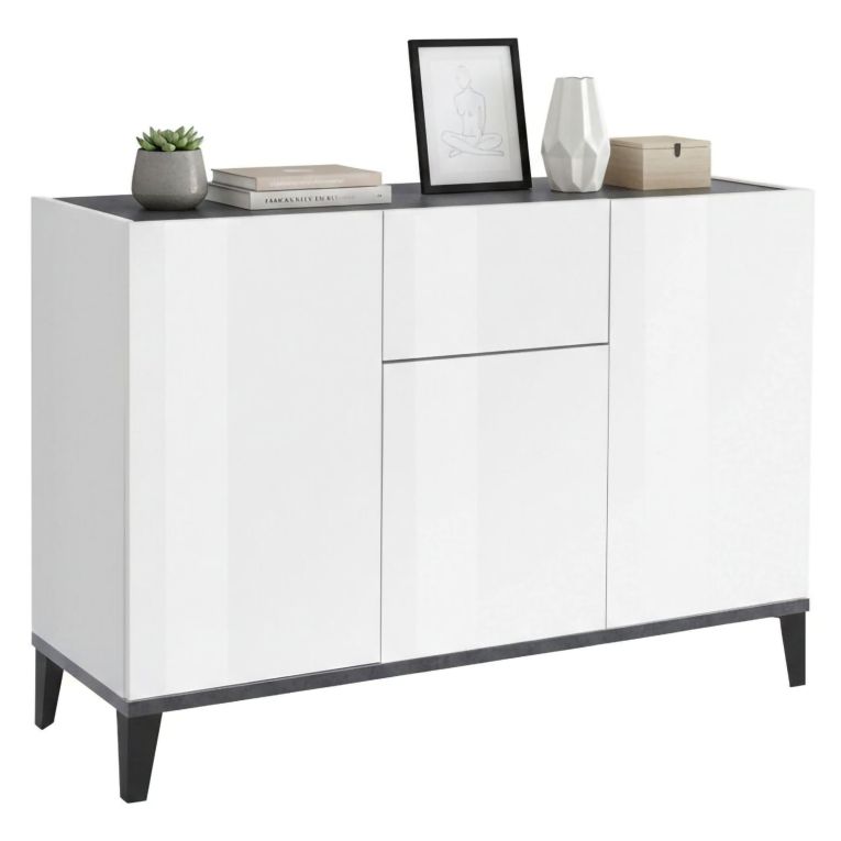 Credenza bianco lucida e ardesia 120x40x82h cm 3 ante e 1 cassetto - Albatross