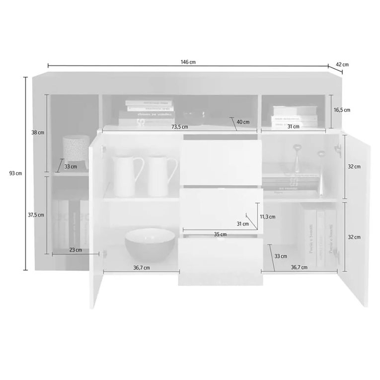 Credenza bianco lucida e ardesia 146x42x93h cm 2 ante - Atlantica