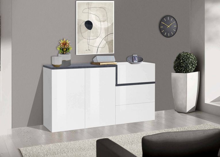 Credenza bianco lucida e ardesia 150x40x80h cm 2 ante e 3 cassetti - Asgard