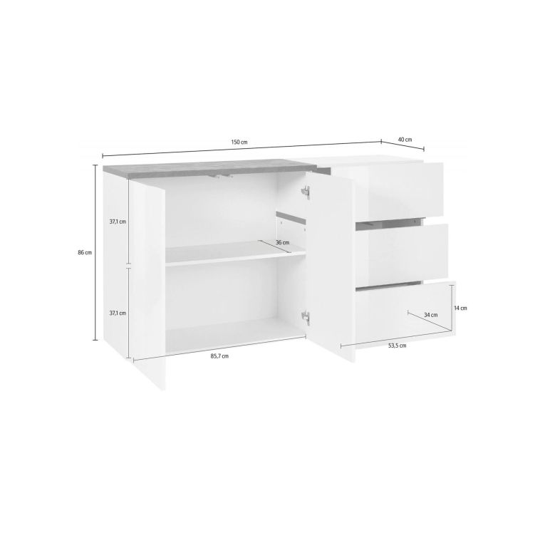 Credenza bianco lucida e ardesia 150x40x80h cm 2 ante e 3 cassetti - Asgard