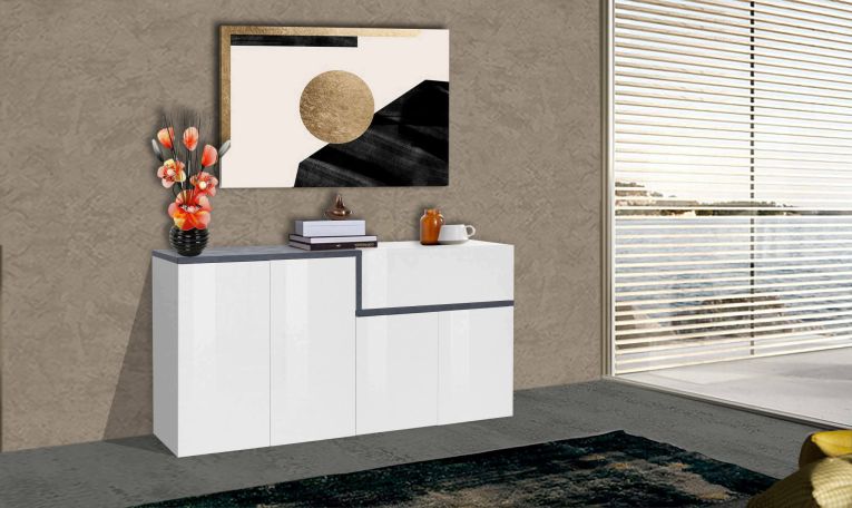 Credenza bianco lucida e ardesia 160x40x80h cm 4 ante e 1 cassetto - Ashy