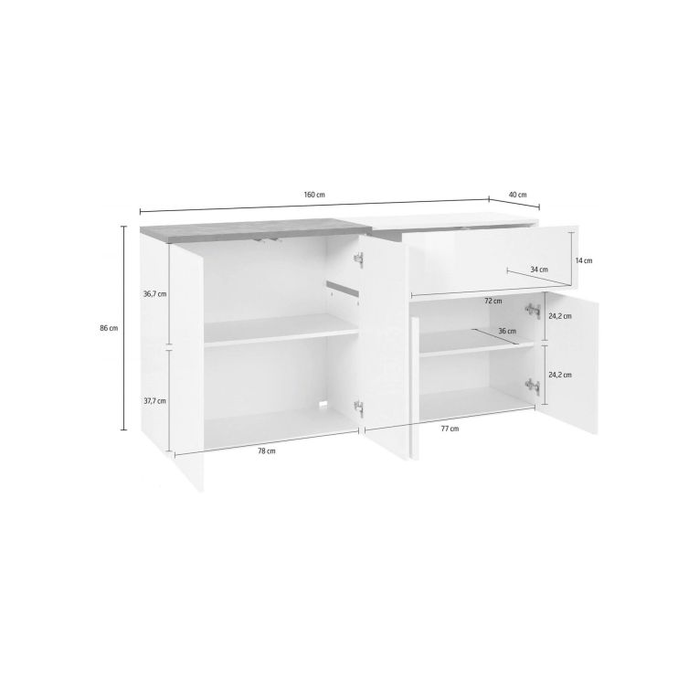 Credenza bianco lucida e ardesia 160x40x80h cm 4 ante e 1 cassetto - Ashy