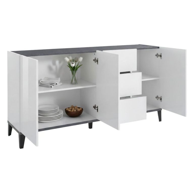 Credenza bianco lucida e ardesia 160x40x82h cm 3 ante e 3 cassetti - Abic