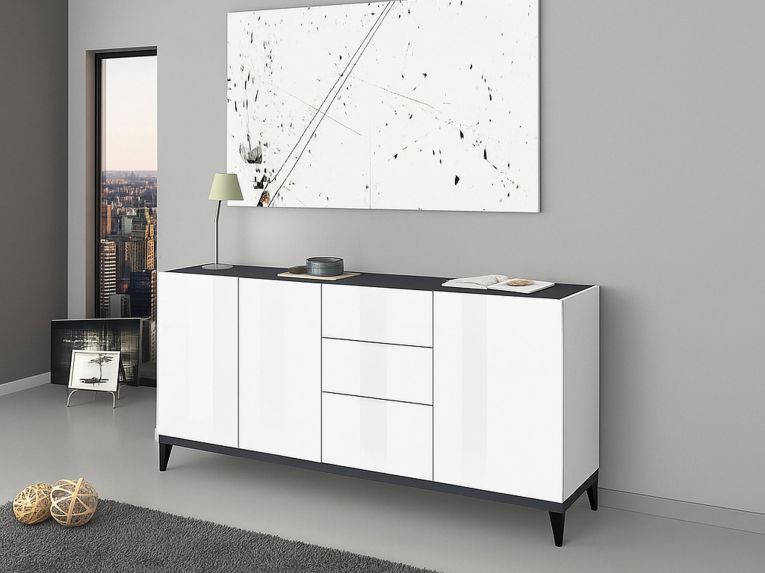 Credenza bianco lucida e ardesia 160x40x82h cm 3 ante e 3 cassetti - Abic