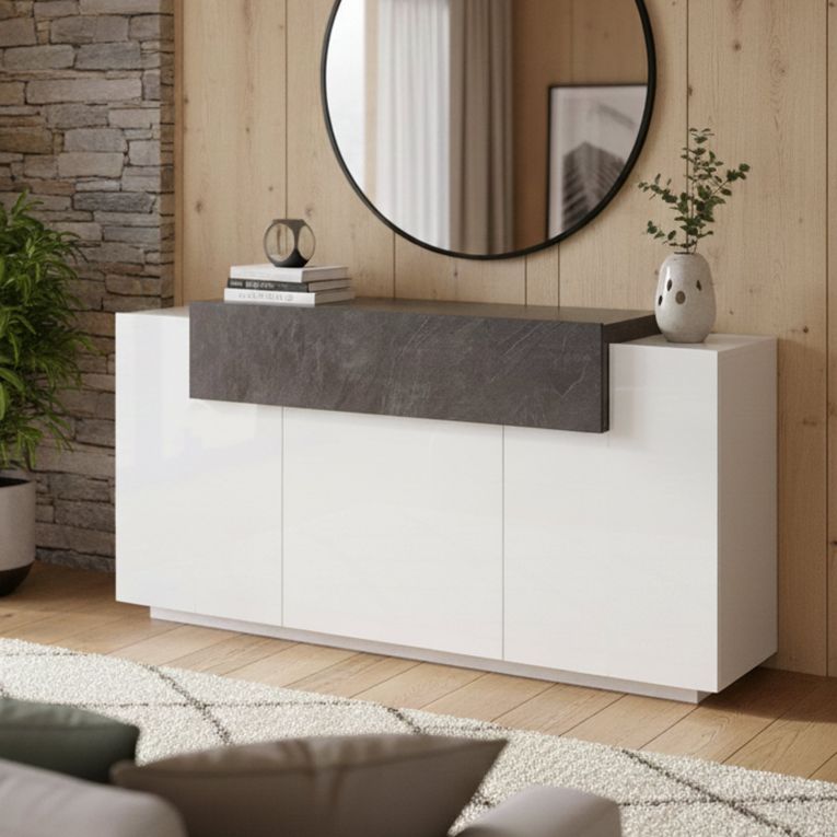 Credenza bianco lucida e ardesia 160x45x85h cm 4 ante - Aschly