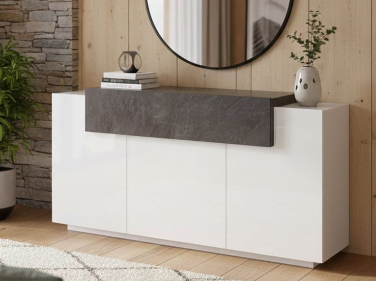 Credenza bianco lucida e ardesia 160x45x85h cm 4 ante - Aschly