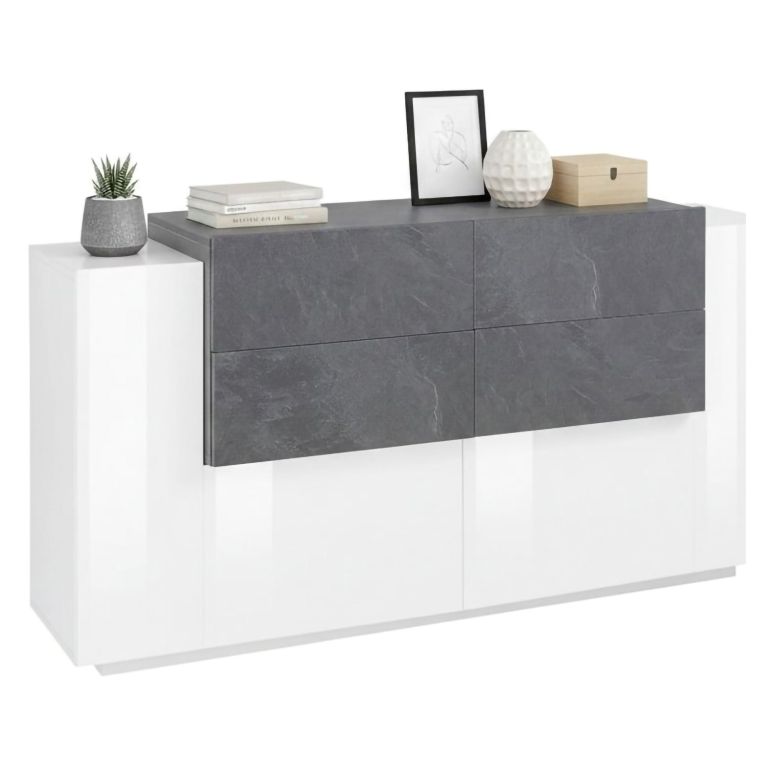 Credenza bianco lucida e ardesia 160x45x86h cm 2 ante e 4 cassetti - Ashi