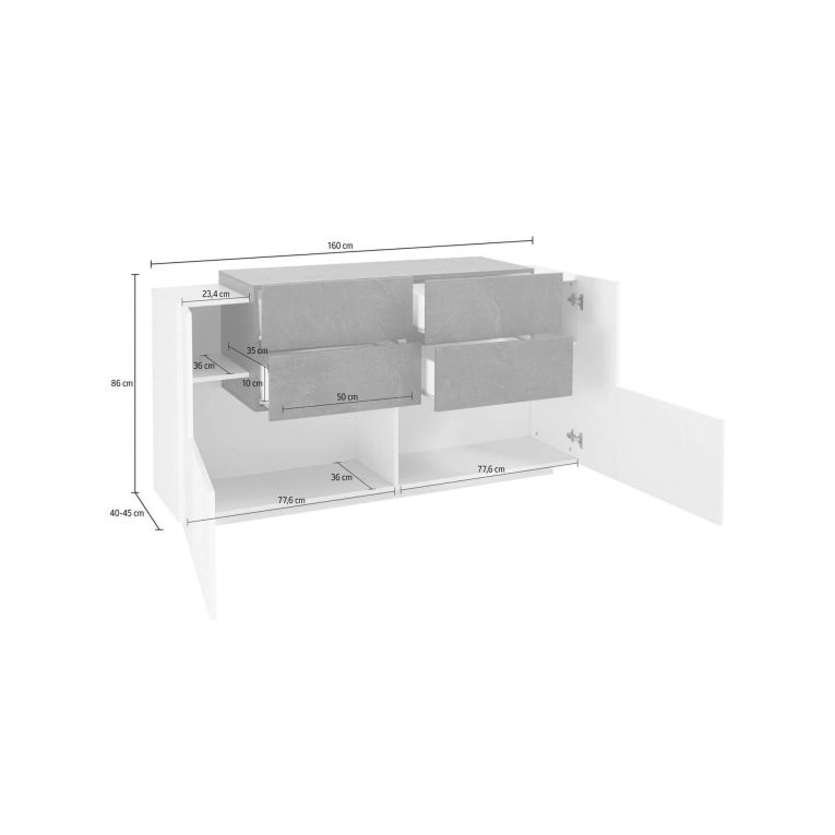 Credenza bianco lucida e ardesia 160x45x86h cm 2 ante e 4 cassetti - Ashi