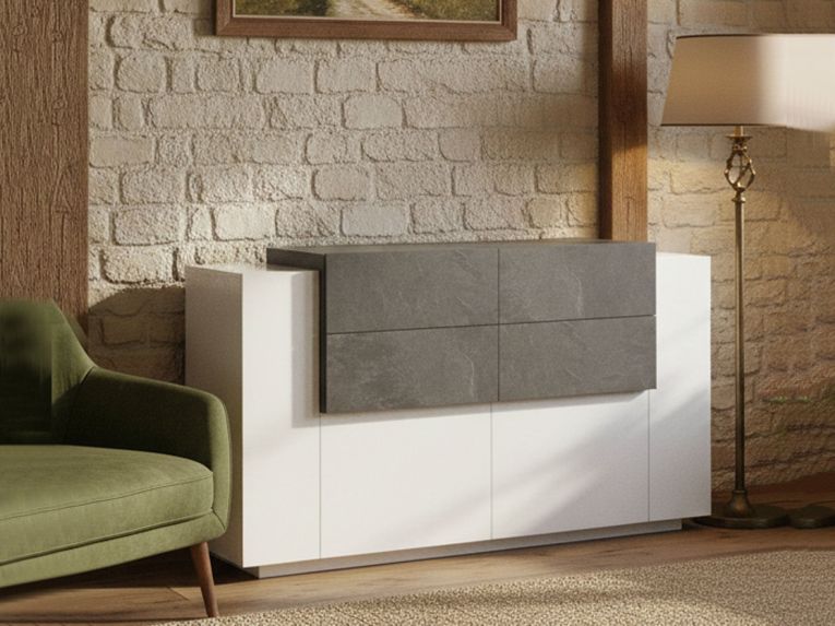 Credenza bianco lucida e ardesia 160x45x86h cm 2 ante e 4 cassetti - Ashi