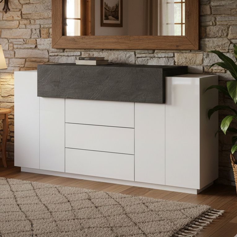 Credenza bianco lucida e ardesia 160x45x86h cm 3 ante e 3 cassetti - Arbon
