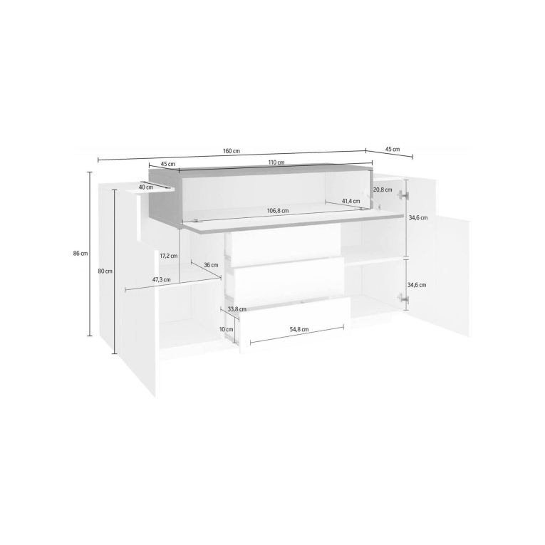 Credenza bianco lucida e ardesia 160x45x86h cm 3 ante e 3 cassetti - Arbon
