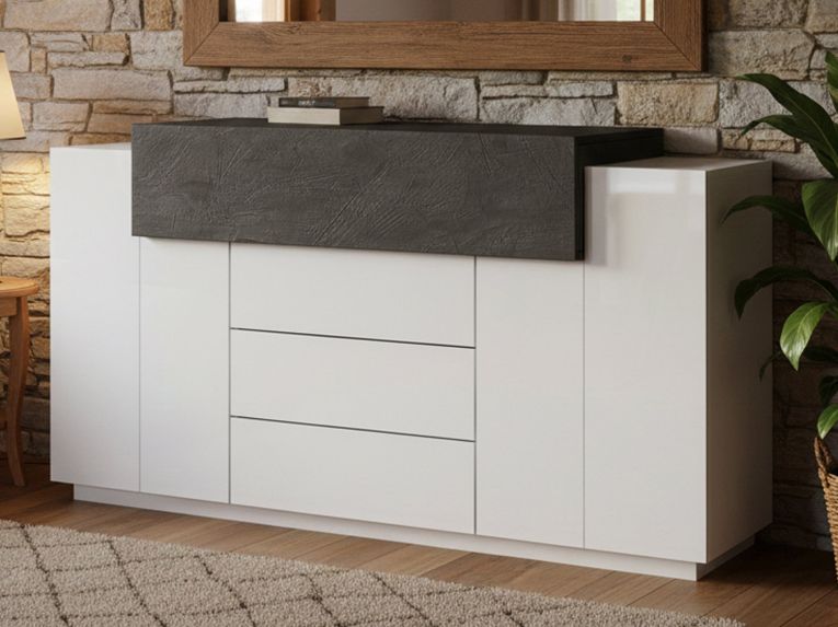 Credenza bianco lucida e ardesia 160x45x86h cm 3 ante e 3 cassetti - Arbon