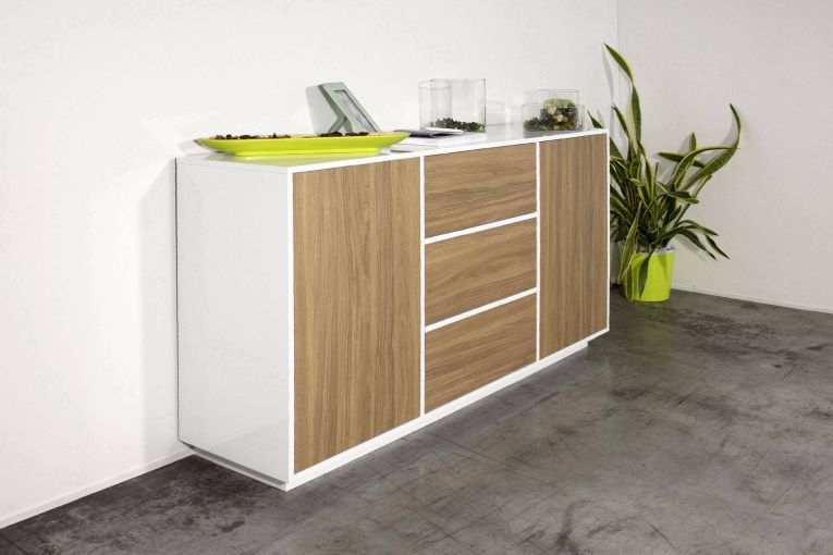 Credenza bianco lucida e noce 160x41x86h cm 2 ante e 3 cassetti - Aysha