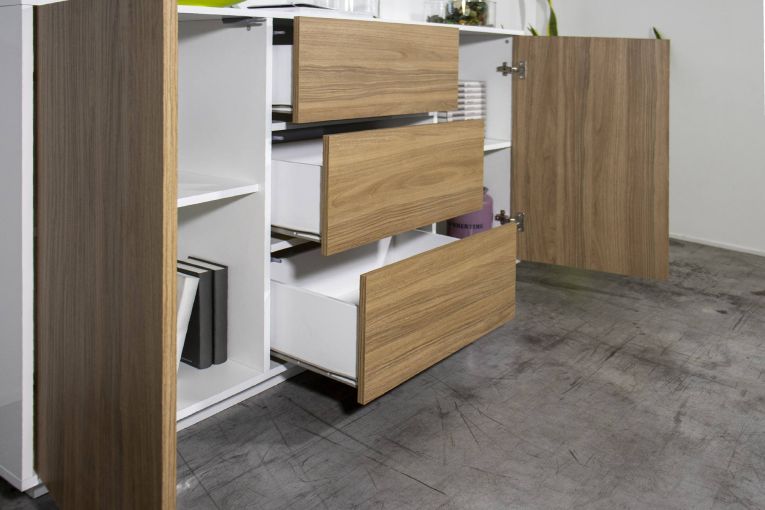 Credenza bianco lucida e noce 160x41x86h cm 2 ante e 3 cassetti - Aysha