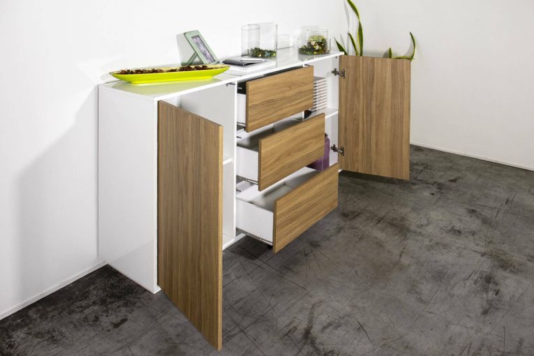 Credenza bianco lucida e noce 160x41x86h cm 2 ante e 3 cassetti - Aysha