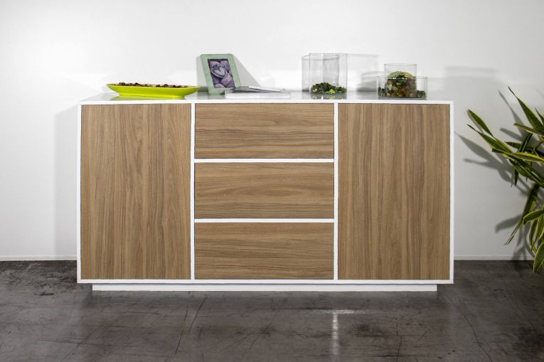 Credenza bianco lucida e noce 160x41x86h cm 2 ante e 3 cassetti - Aysha