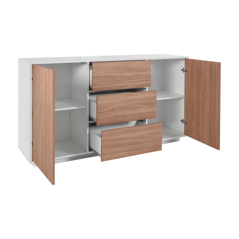 Credenza bianco lucida e noce 160x41x86h cm 2 ante e 3 cassetti - Aysha