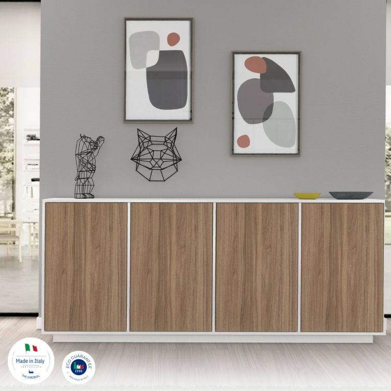Credenza bianco lucida e noce 180x41x86h cm 4 ante - Aulina