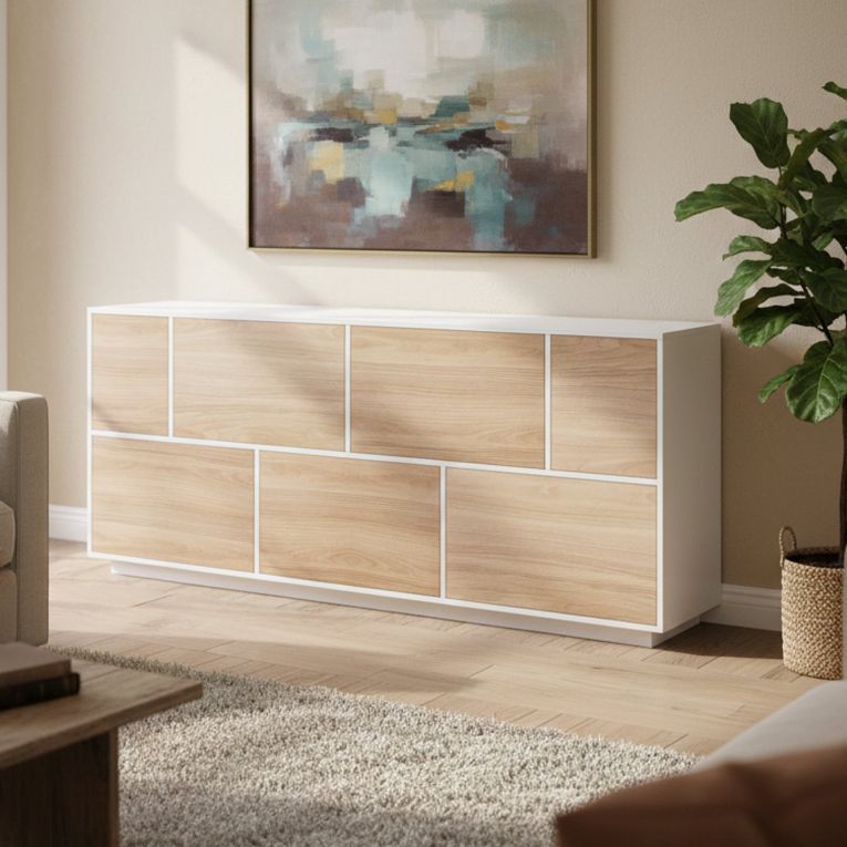 Credenza bianco lucida e noce 200x41x86h cm 7 ante - Clinoumite