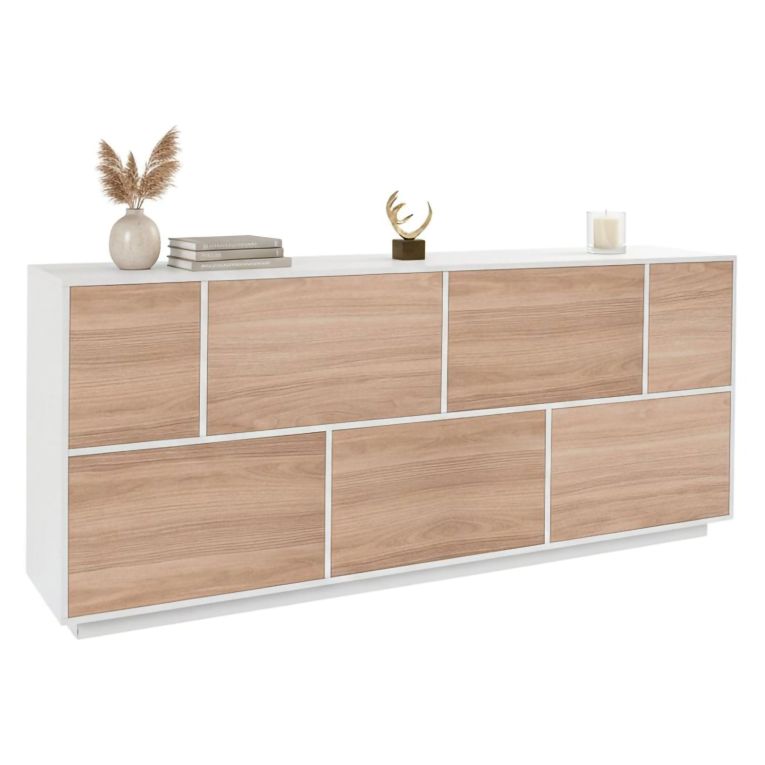 Credenza bianco lucida e noce 200x41x86h cm 7 ante - Clinoumite