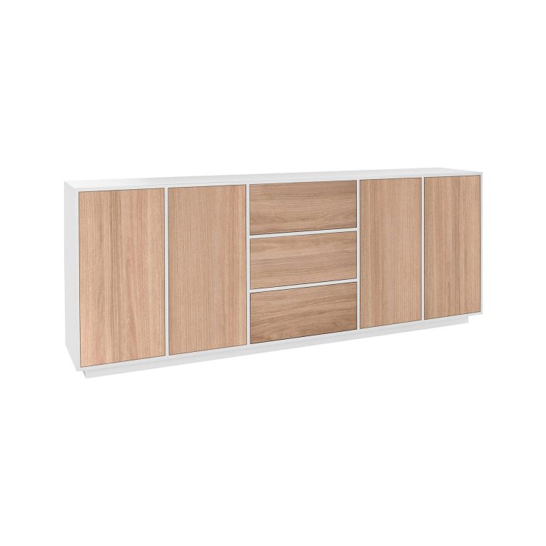 Credenza bianco lucida e noce 220x41x86h cm 4 ante e 3 cassetti - Arrachis
