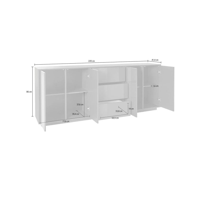 Credenza bianco lucida e noce 220x41x86h cm 4 ante e 3 cassetti - Arrachis