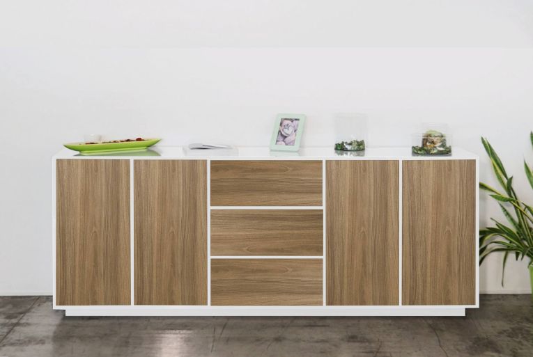 Credenza bianco lucida e noce 220x41x86h cm 4 ante e 3 cassetti - Arrachis