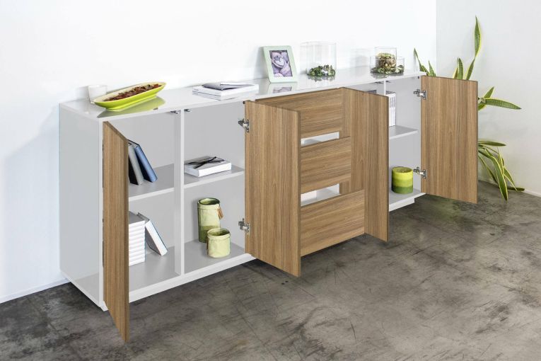Credenza bianco lucida e noce 220x41x86h cm 4 ante e 3 cassetti - Arrachis