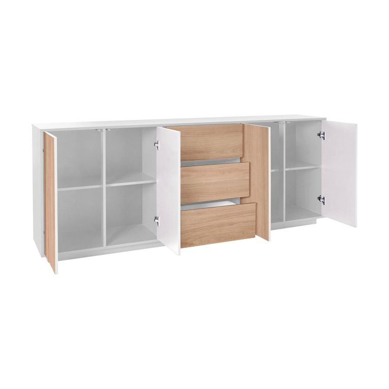 Credenza bianco lucida e noce 220x41x86h cm 4 ante e 3 cassetti - Arrachis