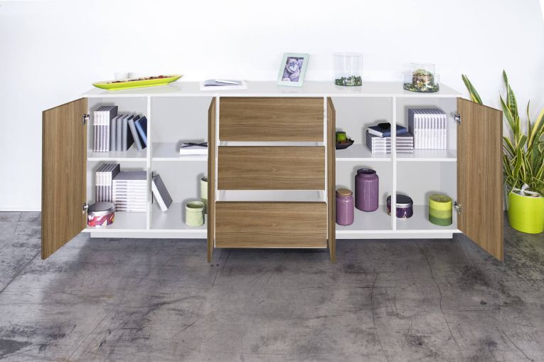 Credenza bianco lucida e noce 220x41x86h cm 4 ante e 3 cassetti - Arrachis