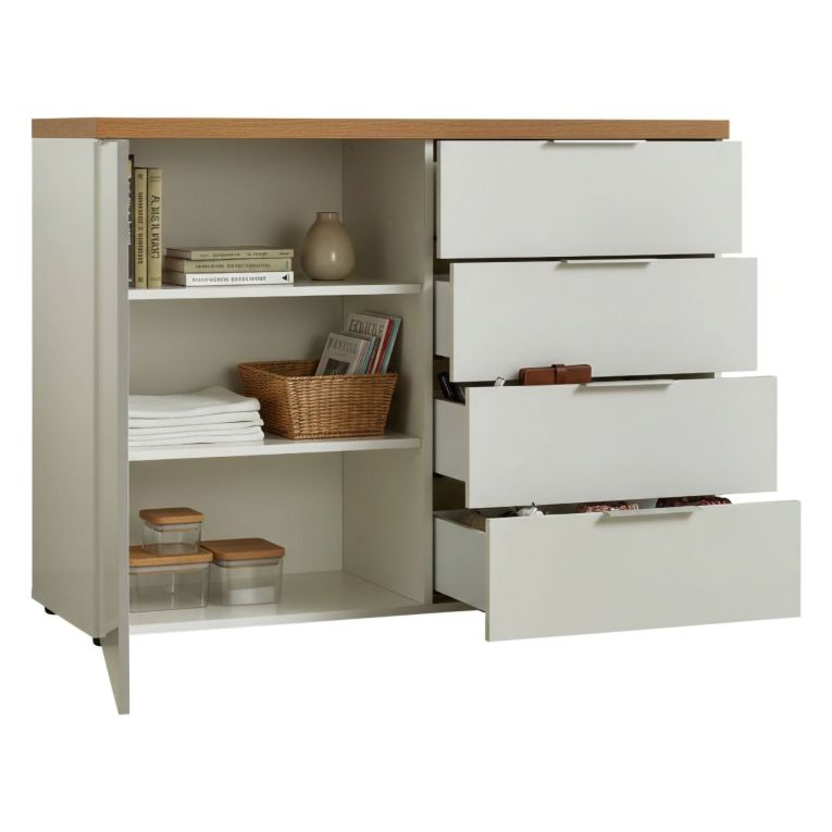 Credenza bianco lucida e rovere 120x43x89h cm 1 anta e 4 cassetti - Bagwis