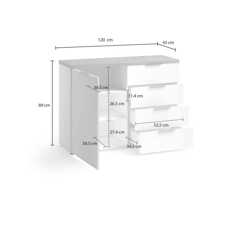 Credenza bianco lucida e rovere 120x43x89h cm 1 anta e 4 cassetti - Bagwis