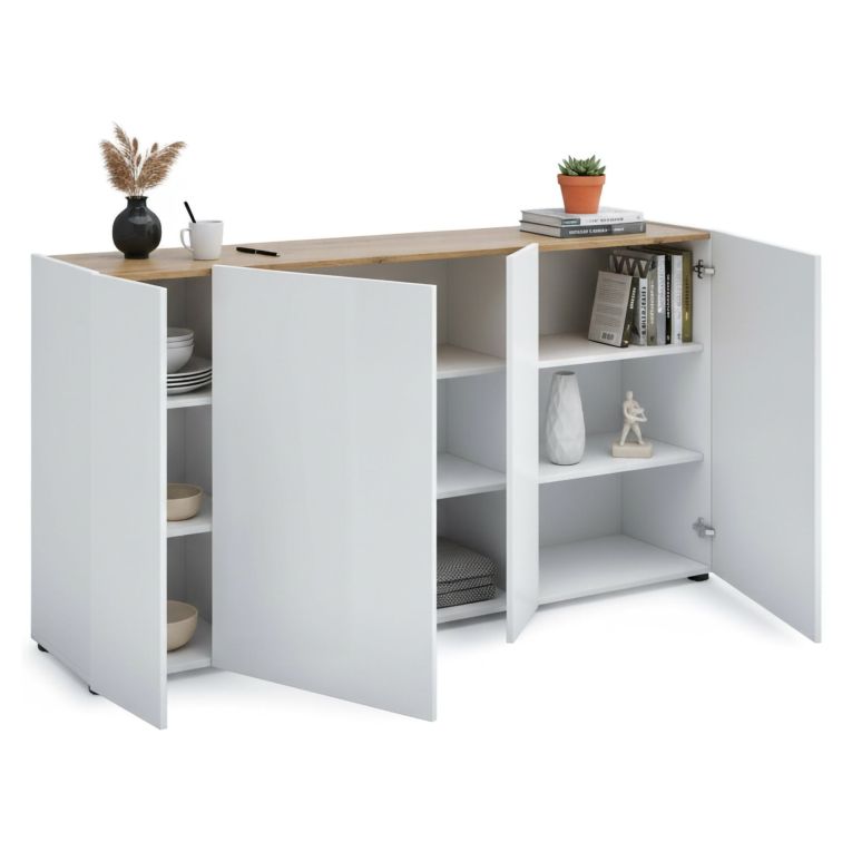 Credenza bianco lucida e rovere 174x40x92h cm 4 ante - Talassa