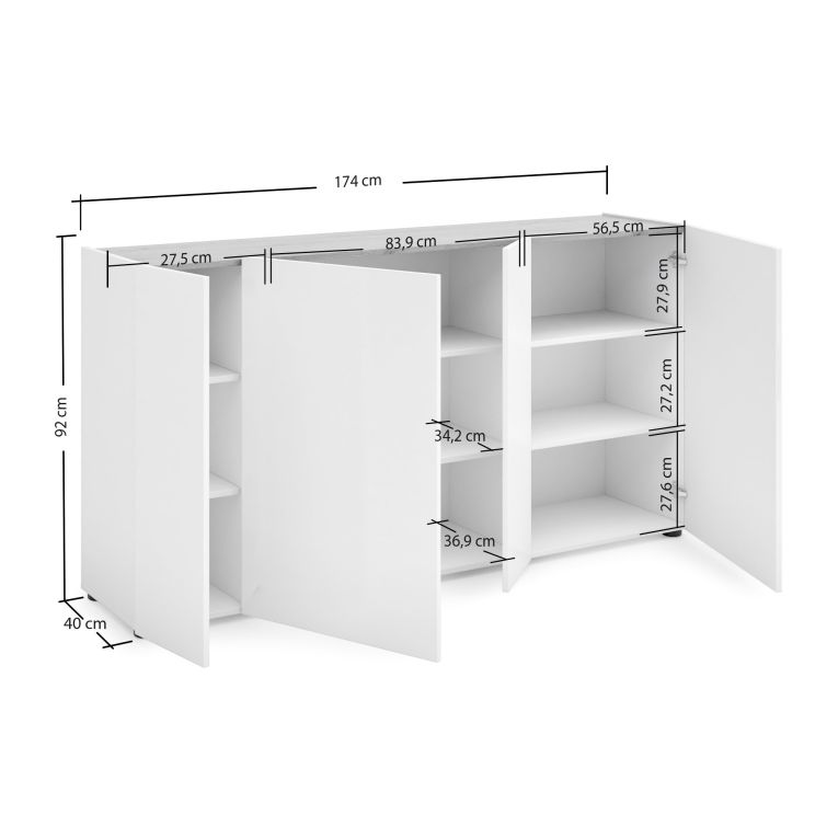 Credenza bianco lucida e rovere 174x40x92h cm 4 ante - Talassa