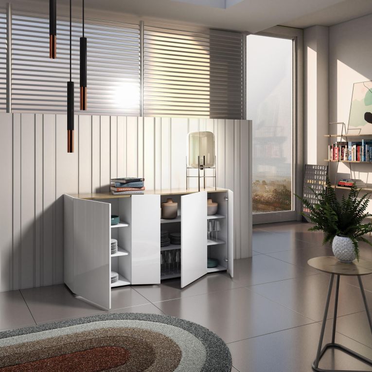 Credenza bianco lucida e rovere 174x40x92h cm 4 ante - Talassa