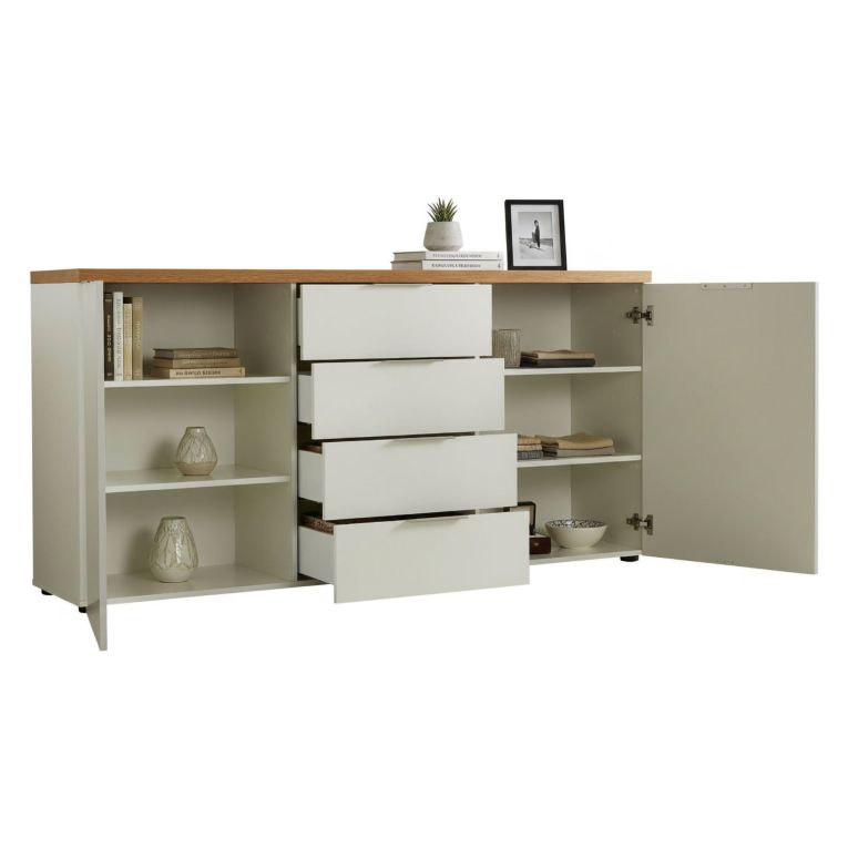 Credenza bianco lucida e rovere 180x43x89h cm 2 ante e 4 cassetti - Satriano
