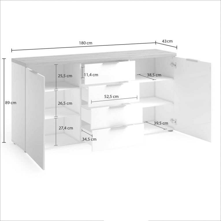 Credenza bianco lucida e rovere 180x43x89h cm 2 ante e 4 cassetti - Satriano