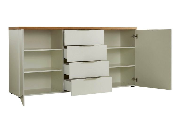 Credenza bianco lucida e rovere 180x43x89h cm 2 ante e 4 cassetti - Satriano