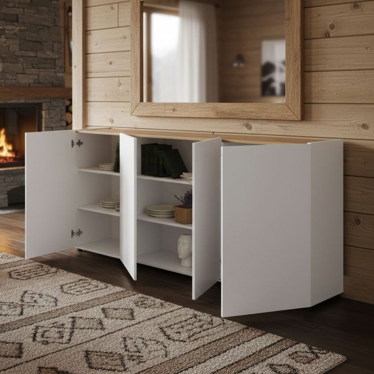Credenza bianco lucida e rovere 203x40x92h cm 4 ante - Arcanda