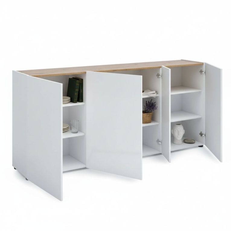 Credenza bianco lucida e rovere 203x40x92h cm 4 ante - Arcanda