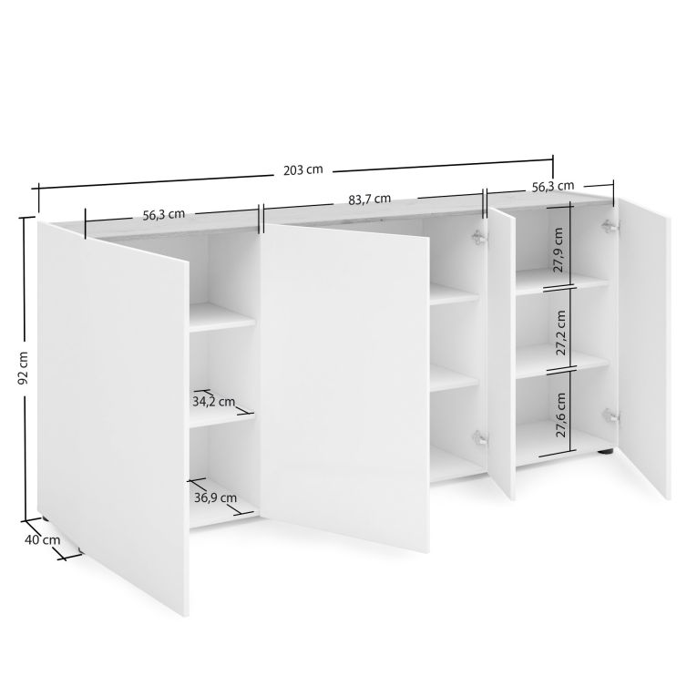 Credenza bianco lucida e rovere 203x40x92h cm 4 ante - Arcanda