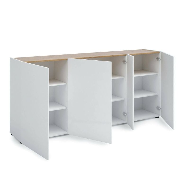 Credenza bianco lucida e rovere 203x40x92h cm 4 ante - Arcanda