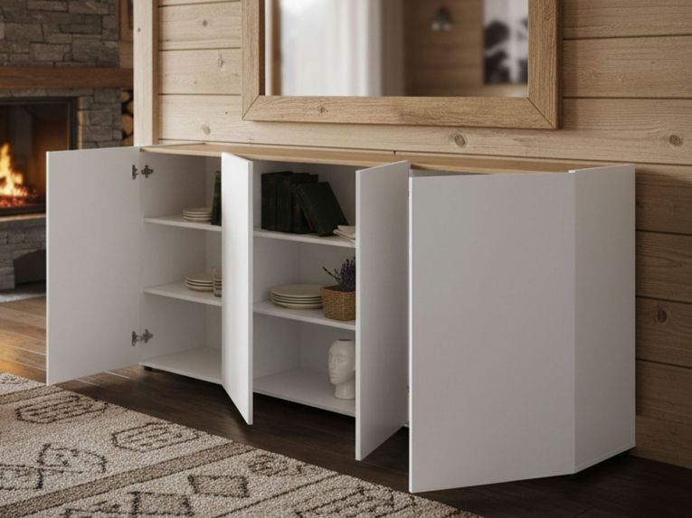 Credenza bianco lucida e rovere 203x40x92h cm 4 ante - Arcanda