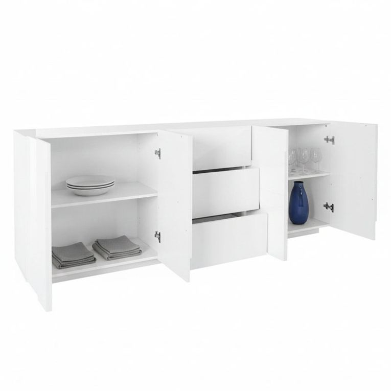Credenza bianco lucida moderna 224x44x86h cm 4 ante e 3 cassetti - Zeus